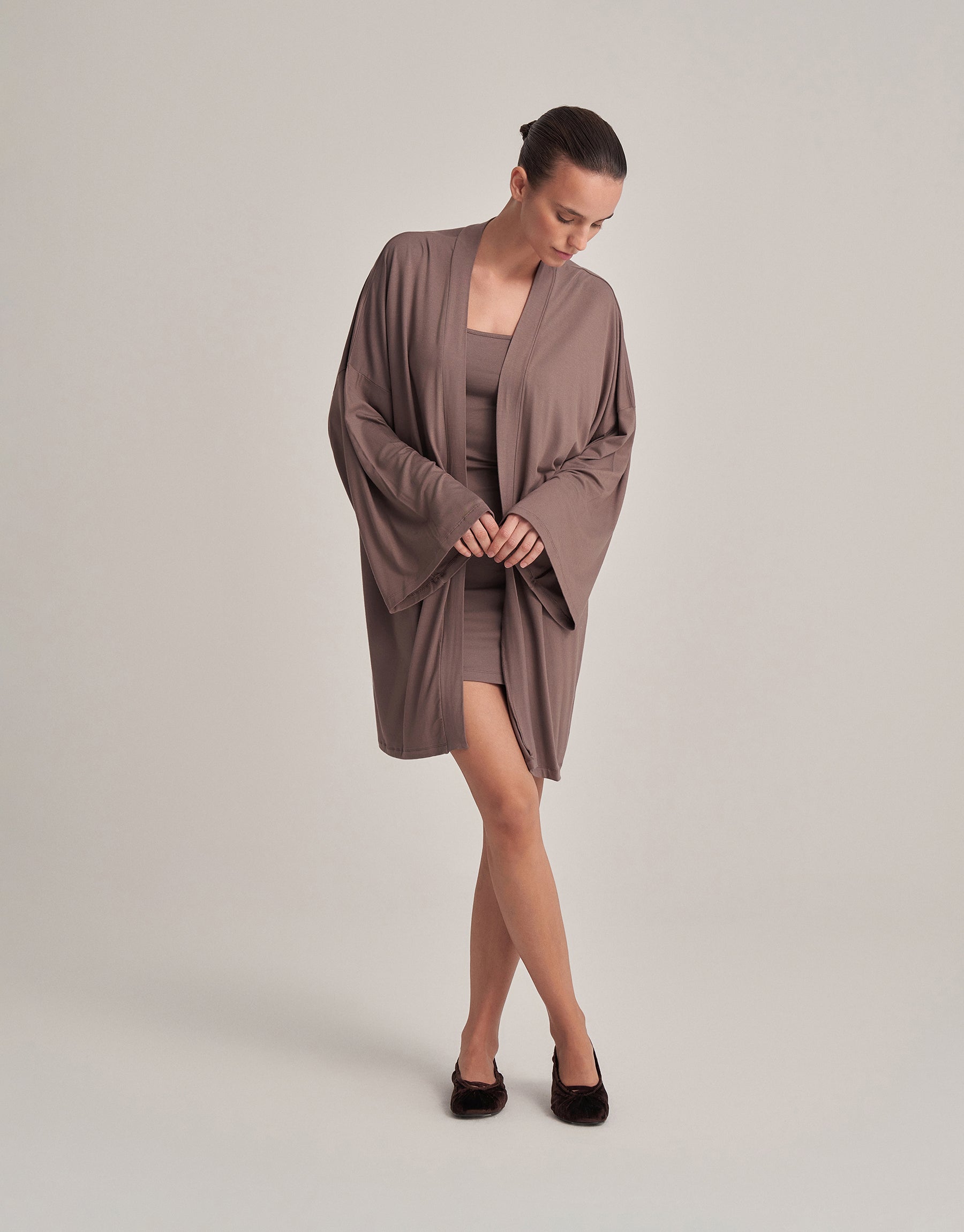 BELTED COMBINED SHORT KIMONO DARK MINK