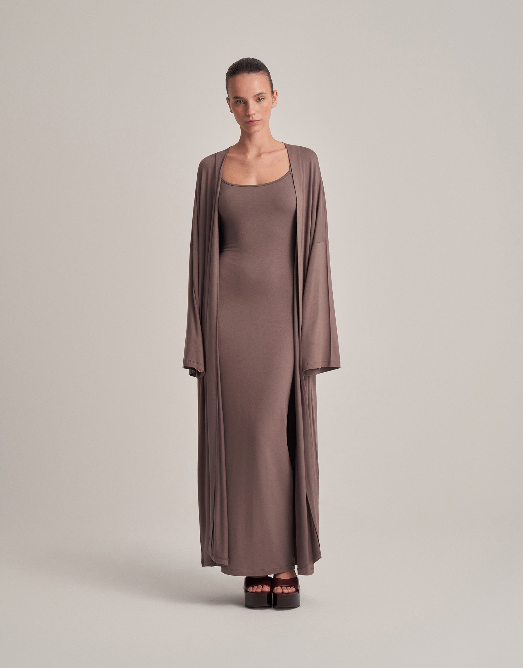 BELTED COMBINED LONG KIMONO DARK MINK