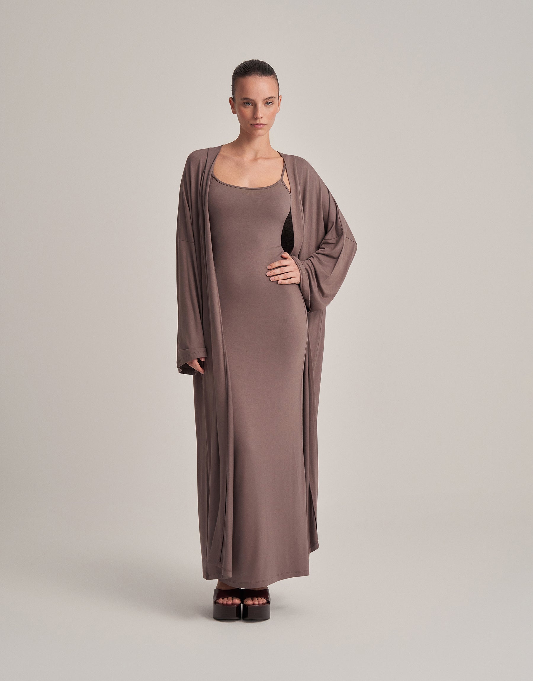 BELTED COMBINED LONG KIMONO DARK MINK