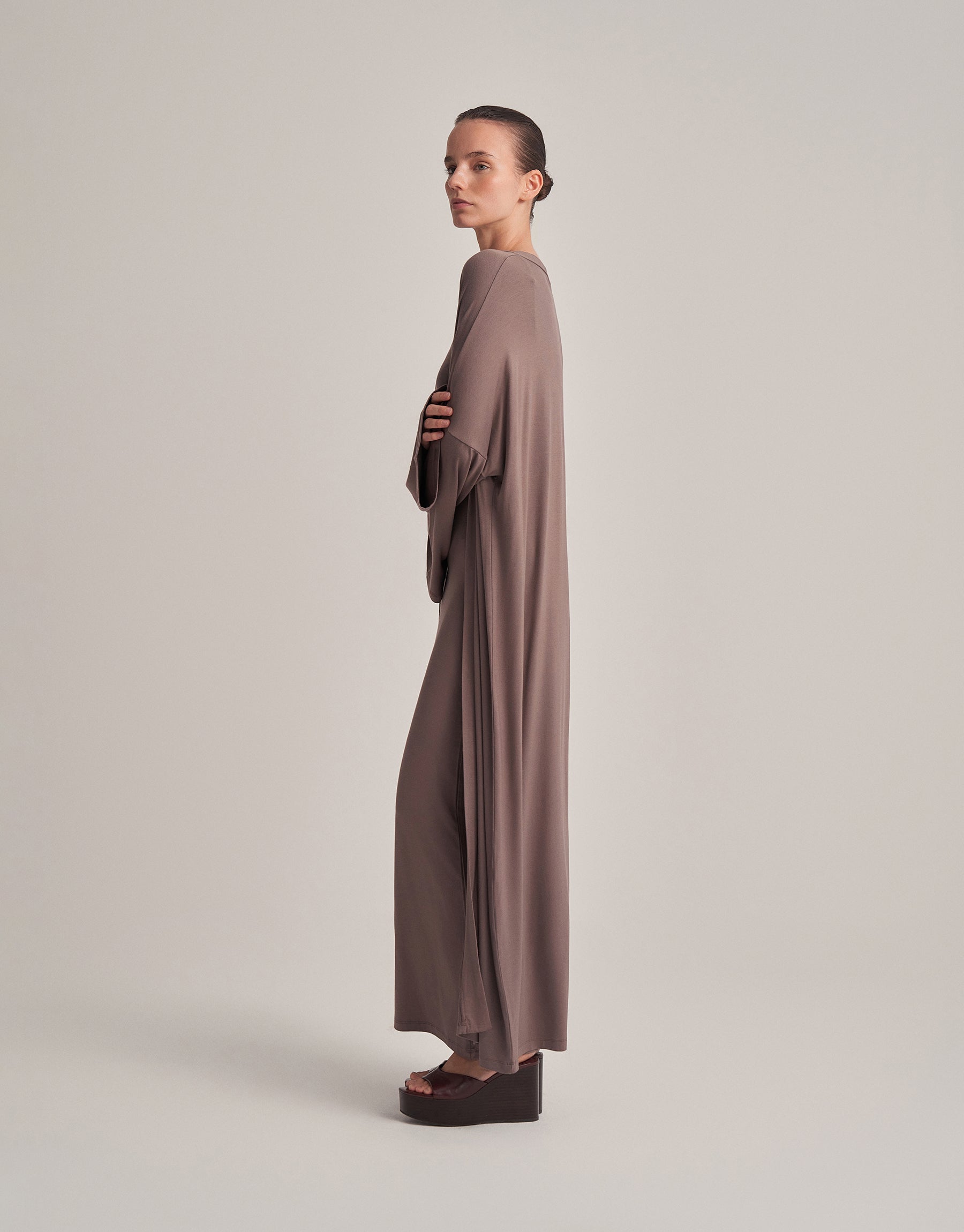 BELTED COMBINED LONG KIMONO DARK MINK