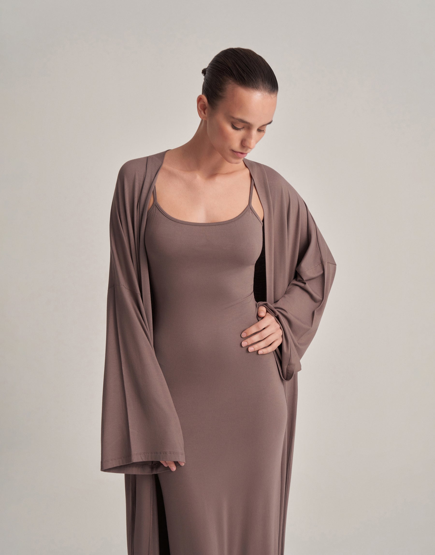 BELTED COMBINED LONG KIMONO DARK MINK