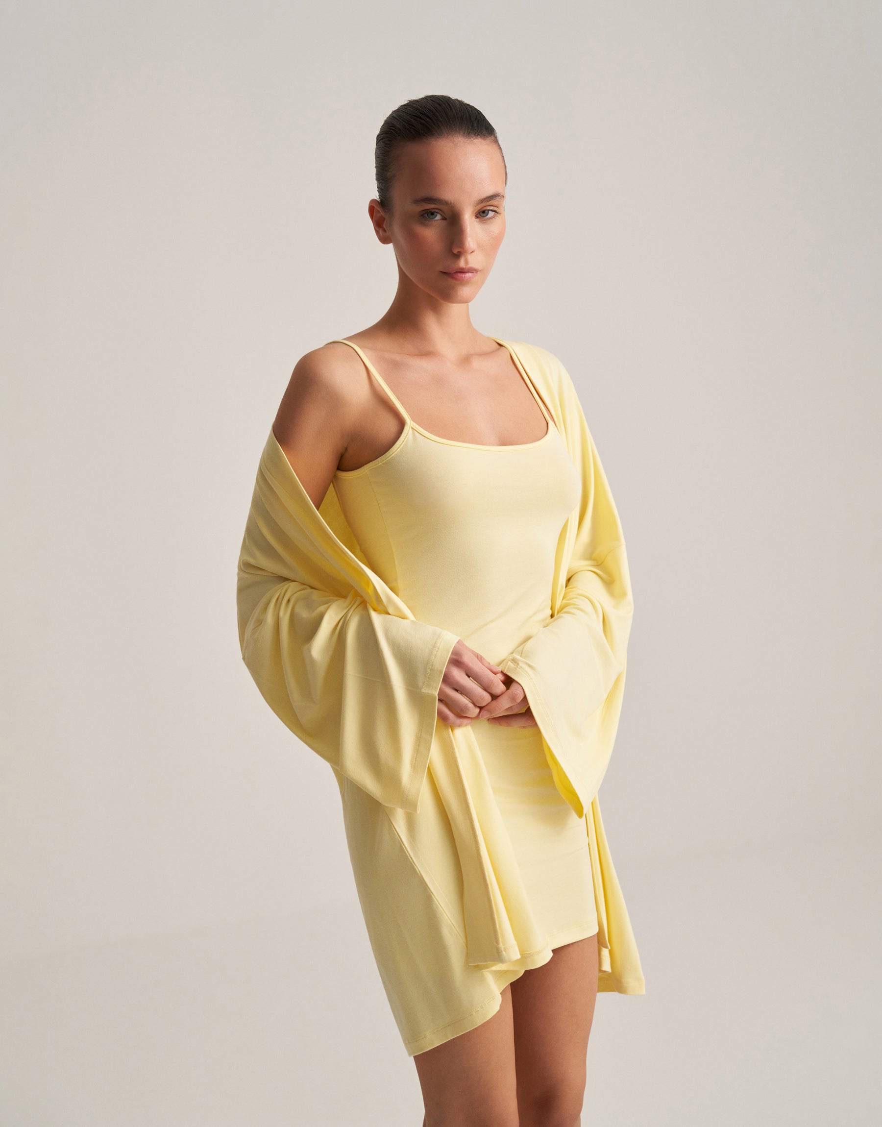 BACKLESS, STRAPLESS SHORT DRESS, BUTTER YELLOW