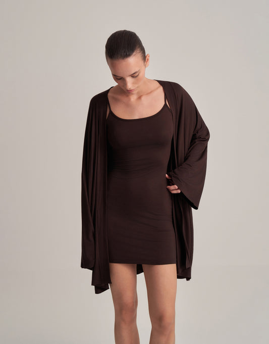 BELTED COMBINED SHORT KIMONO, DARK BROWN