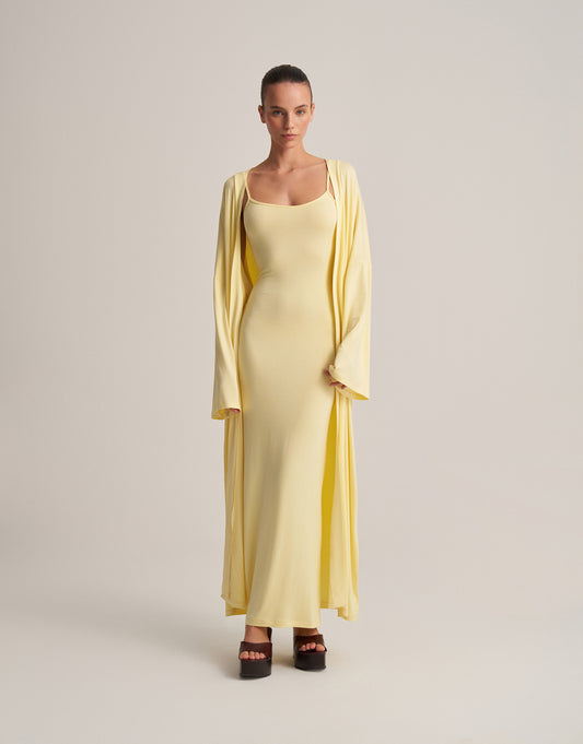 KEMERLİ KOMBİNE UZUN KİMONO TEREYAĞ SARISI