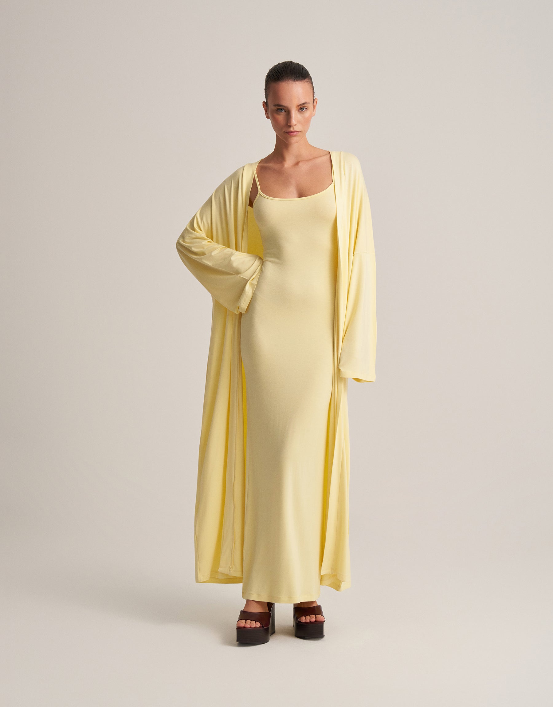 BELTED COMBINED LONG KIMONO BUTTER YELLOW