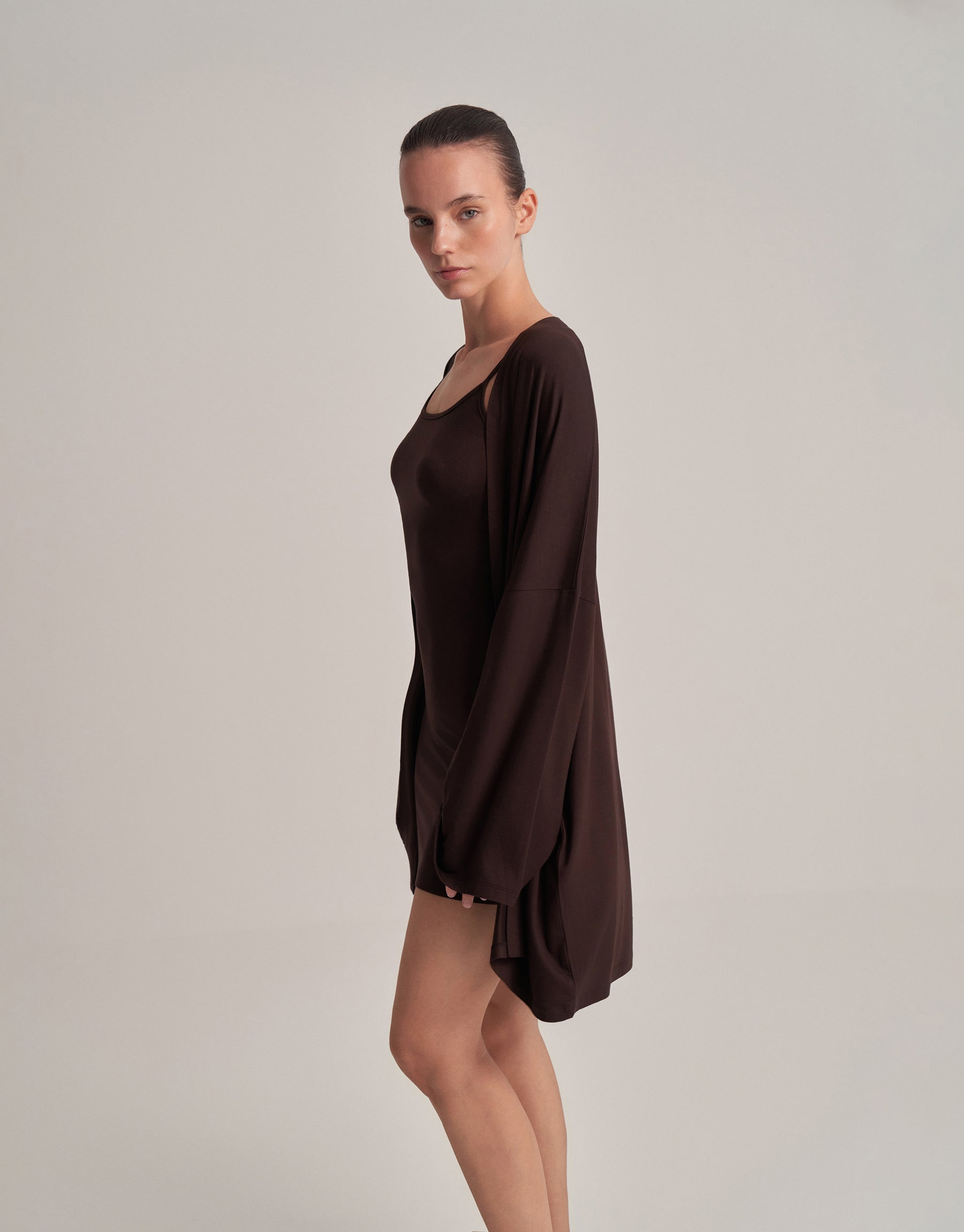 BELTED COMBINED SHORT KIMONO, DARK BROWN