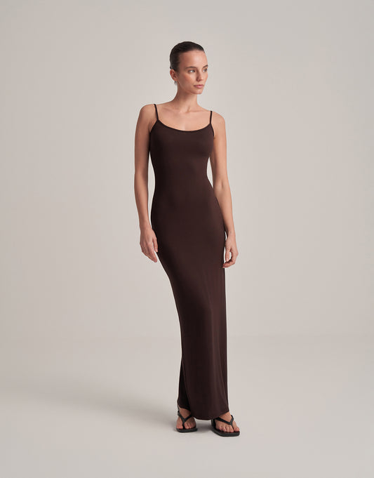BACKLESS, STRAPLESS LONG DRESS, DARK BROWN