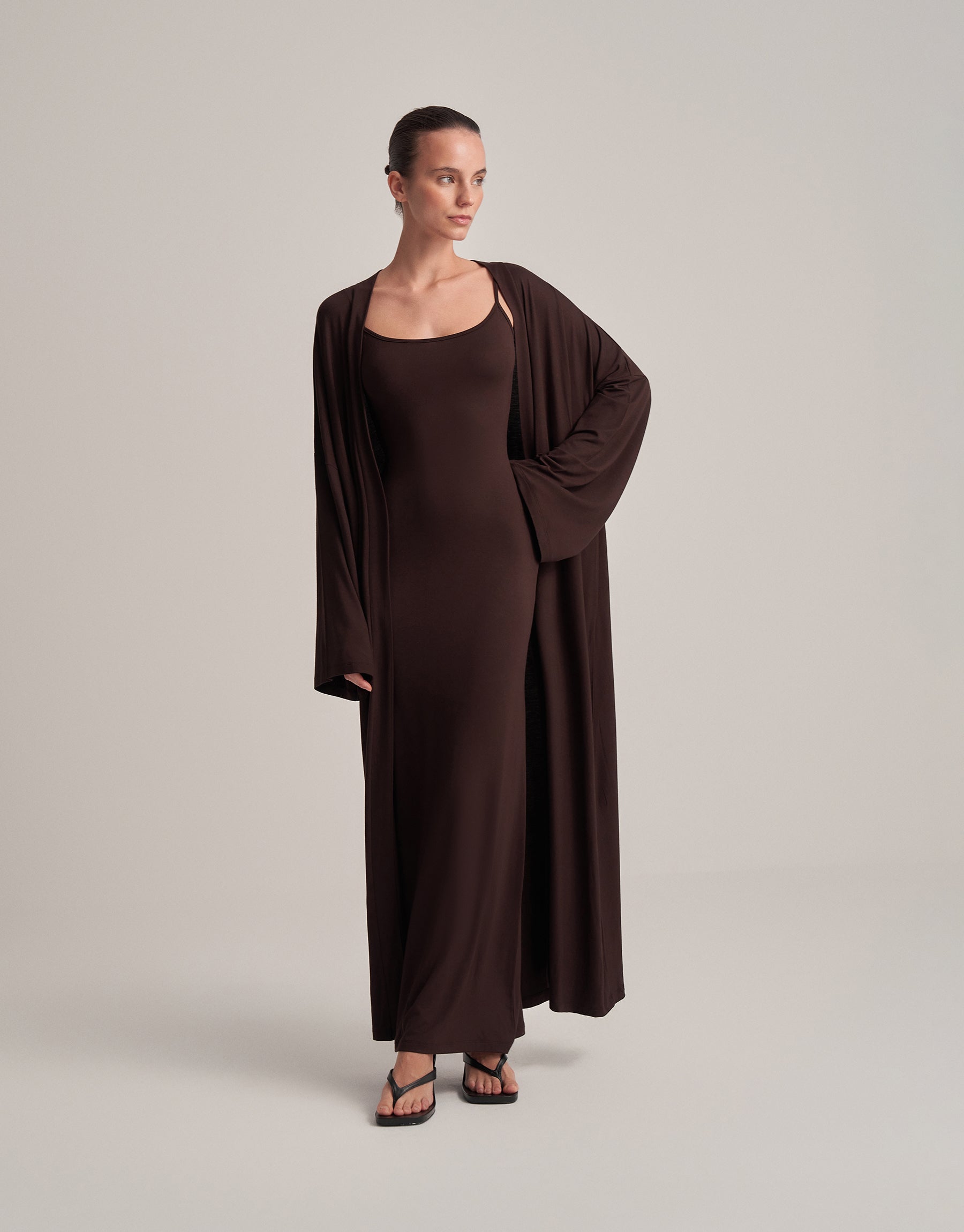 BELT-STYLE COMBINED LONG KIMONO, DARK BROWN