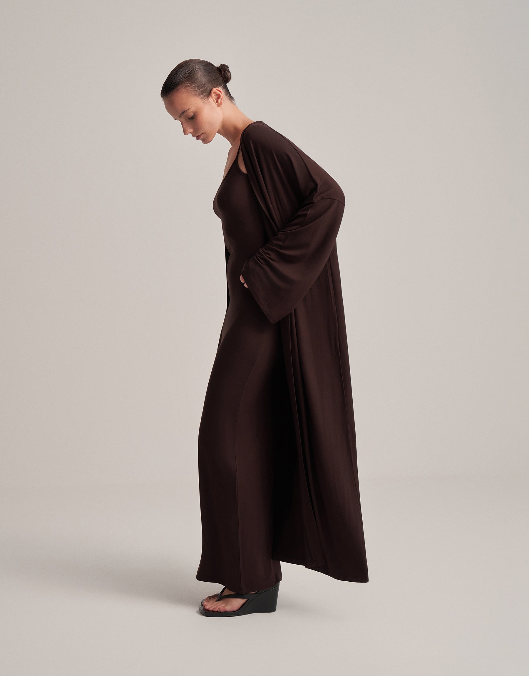 BELT-STYLE COMBINED LONG KIMONO, DARK BROWN