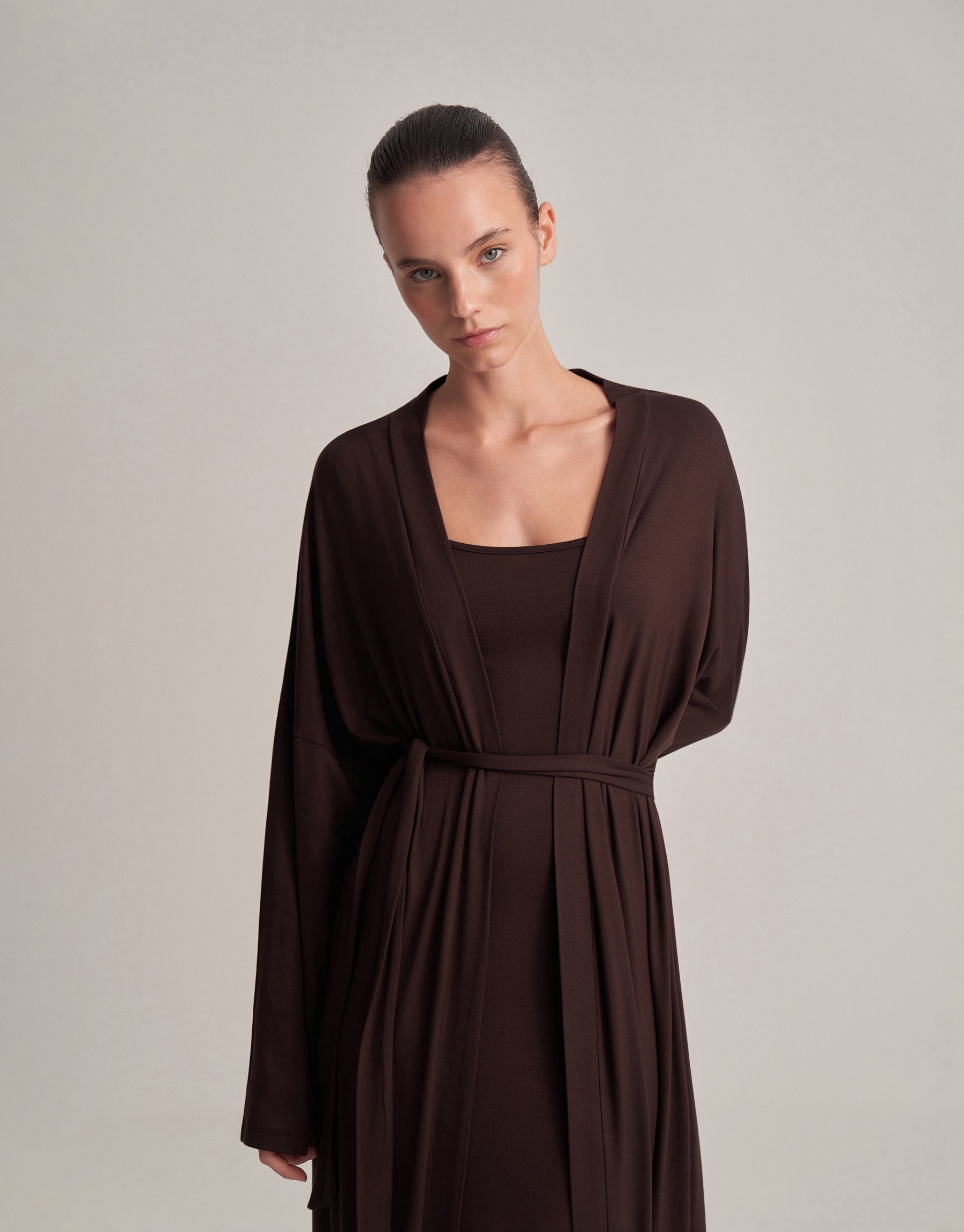 BELT-STYLE COMBINED LONG KIMONO, DARK BROWN