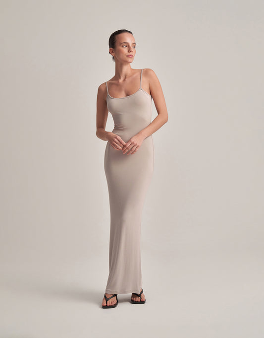 BACKLESS, STRAPLESS LONG DRESS WITH STONES