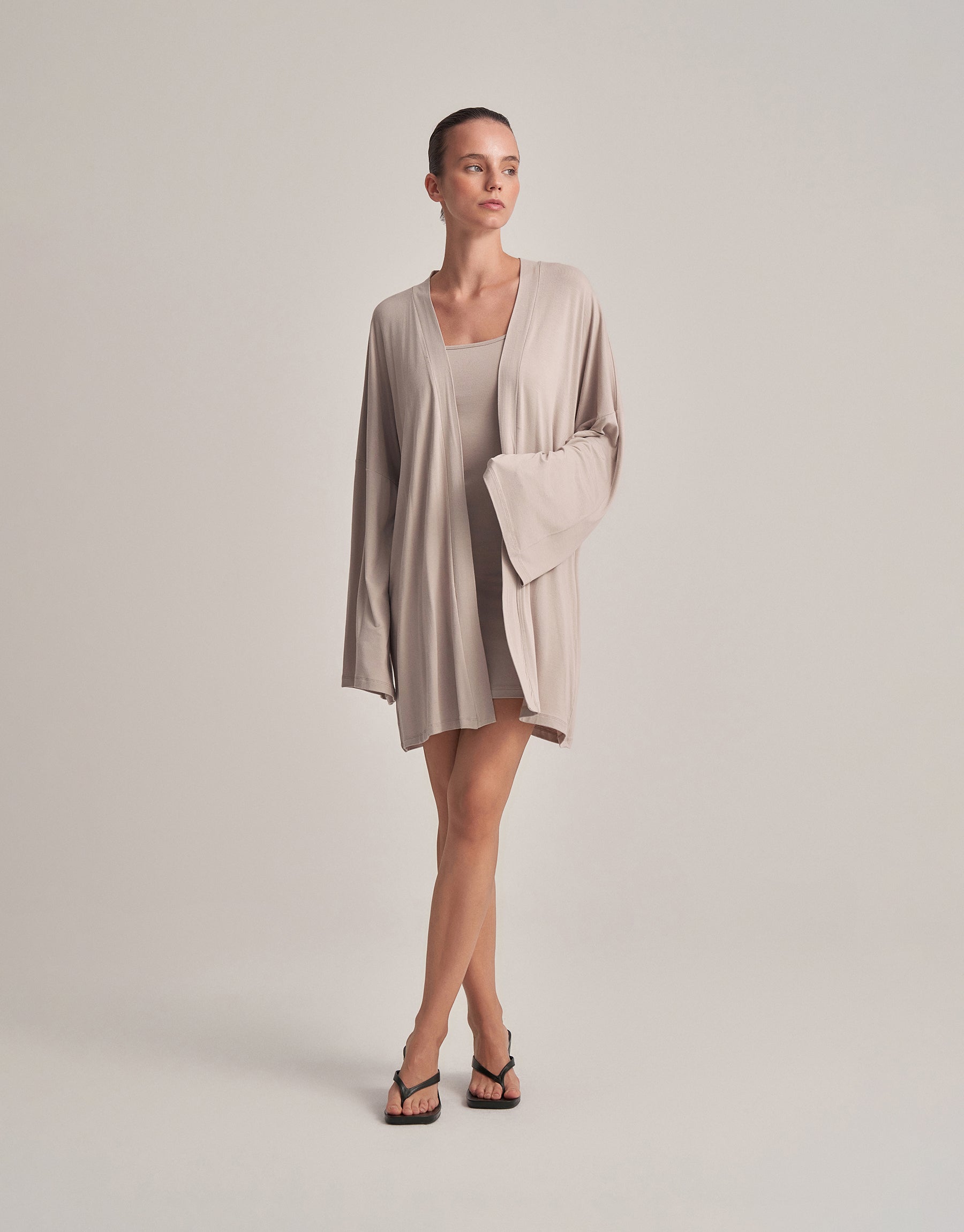 BELTED COMBINED SHORT KIMONO STONE