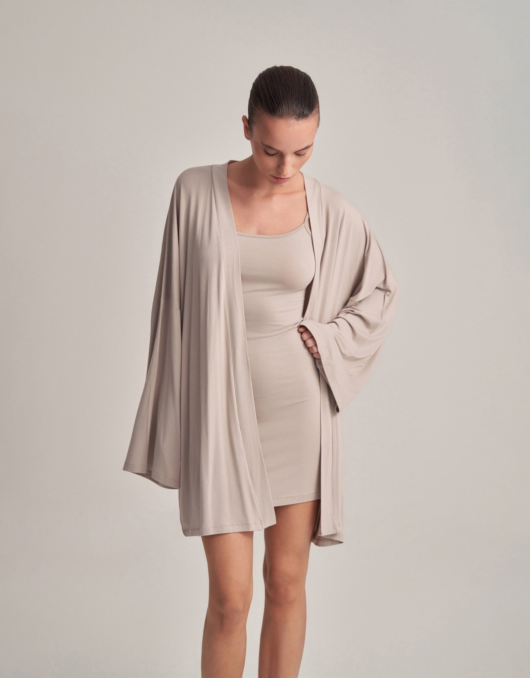 BELTED COMBINED SHORT KIMONO STONE
