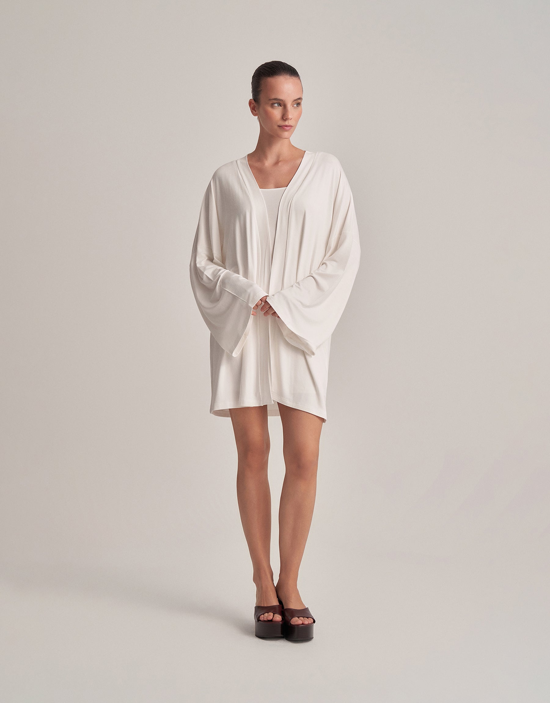 BELTED COMBINED SHORT KIMONO, ECRU