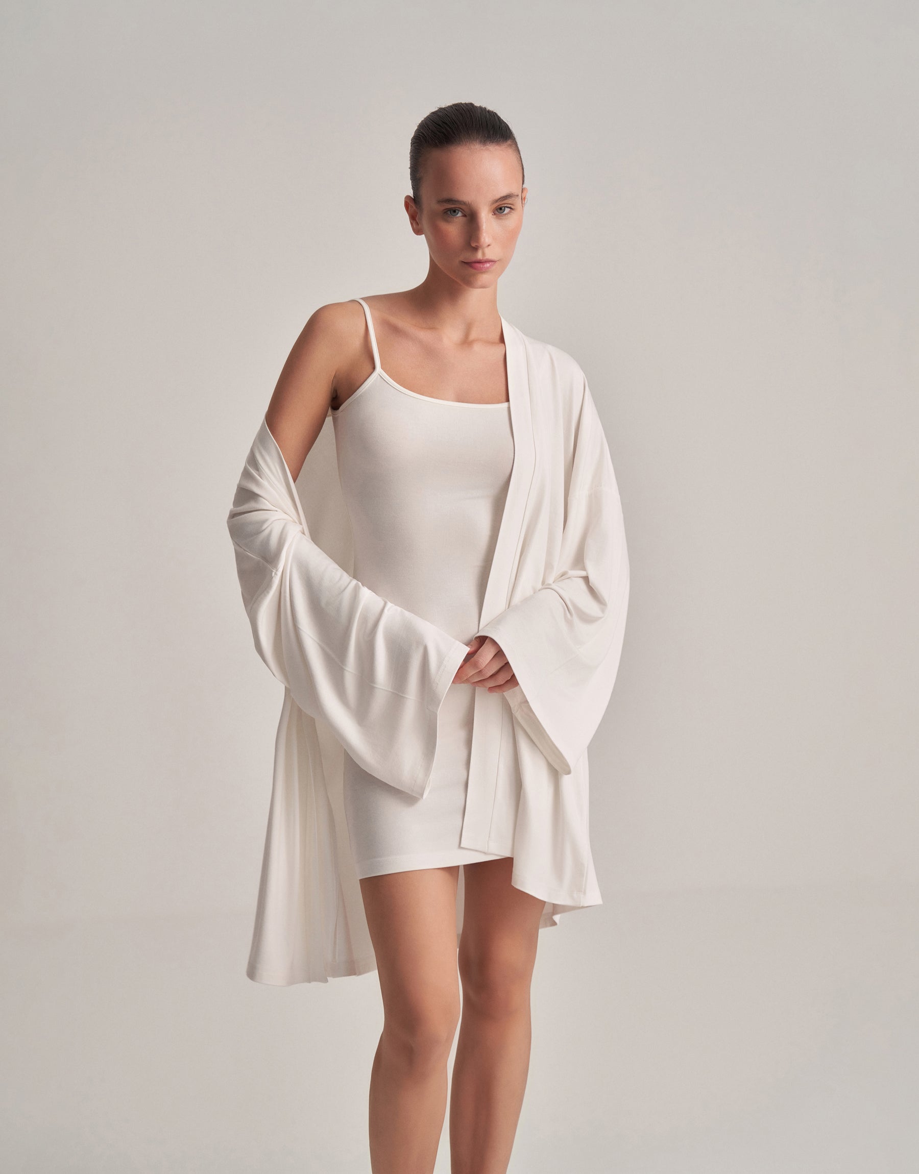 BELTED COMBINED SHORT KIMONO, ECRU