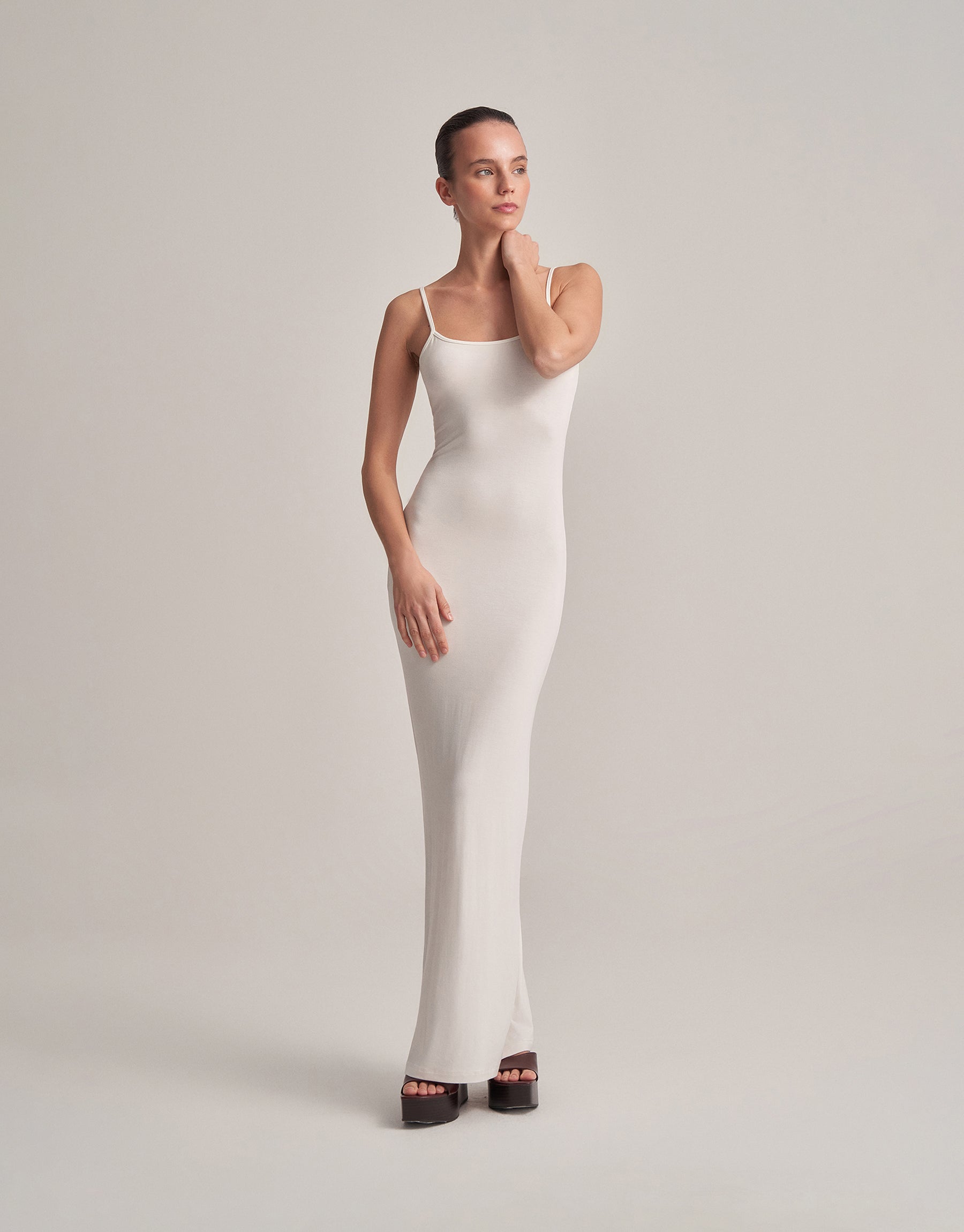 BACKLESS STRAPLESS LONG DRESS, ECRU