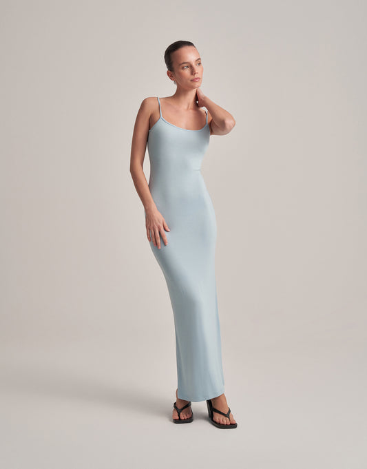 SIRT DEKOLTELİ ASKILI UZUN ELBİSE BEBE MAVİSİ