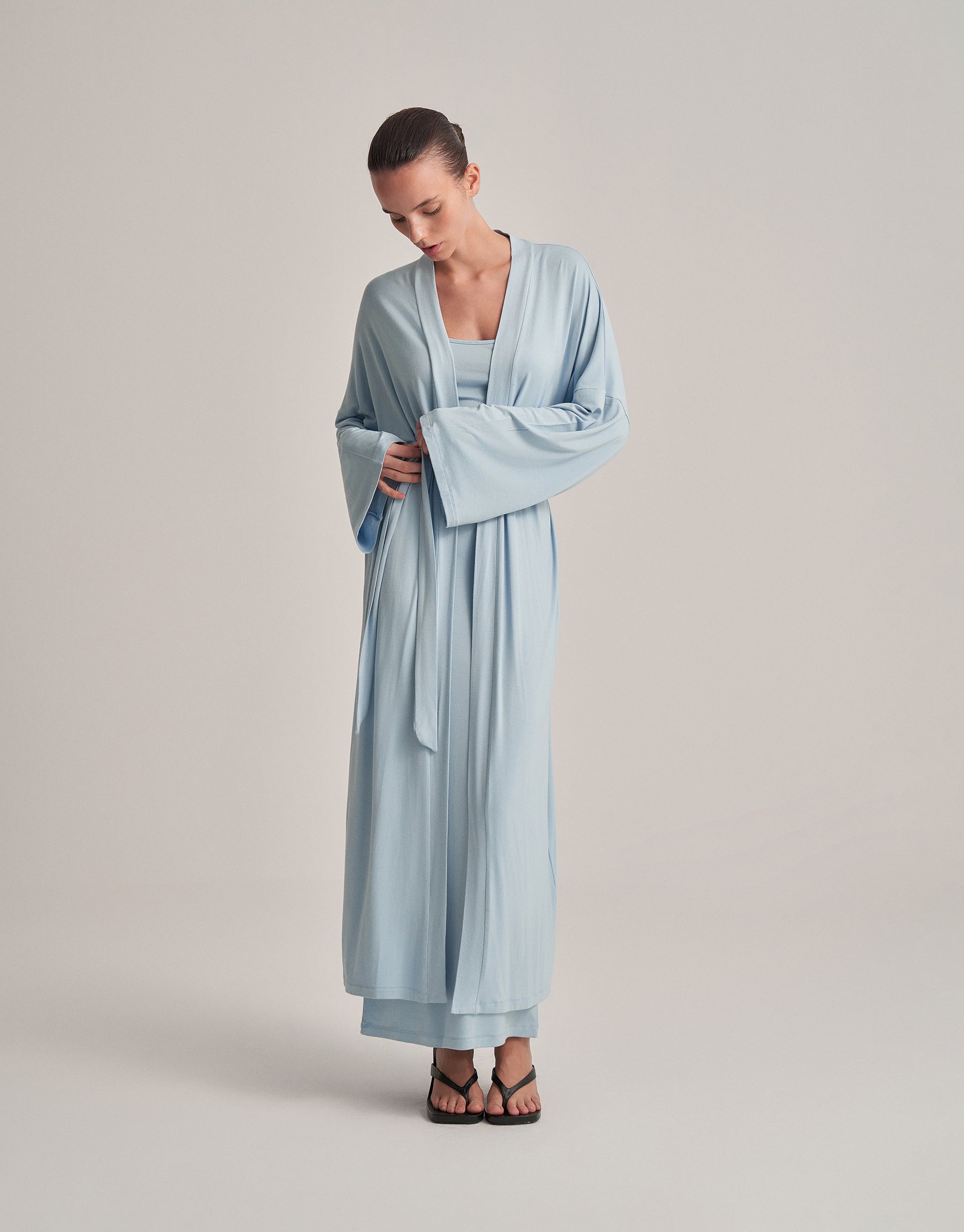 BELT-STYLE COMBINED LONG KIMONO, BABY BLUE