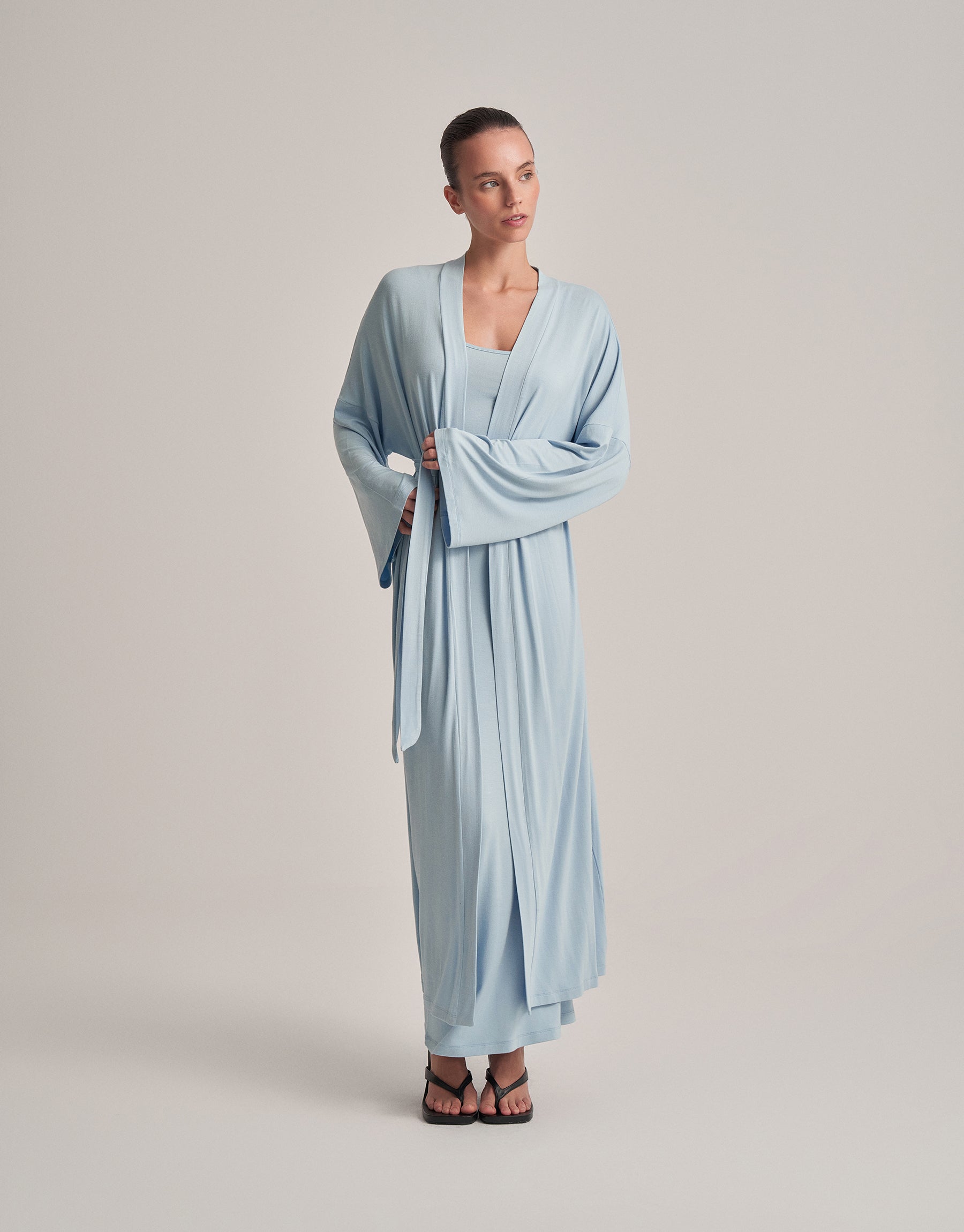 BELT-STYLE COMBINED LONG KIMONO, BABY BLUE