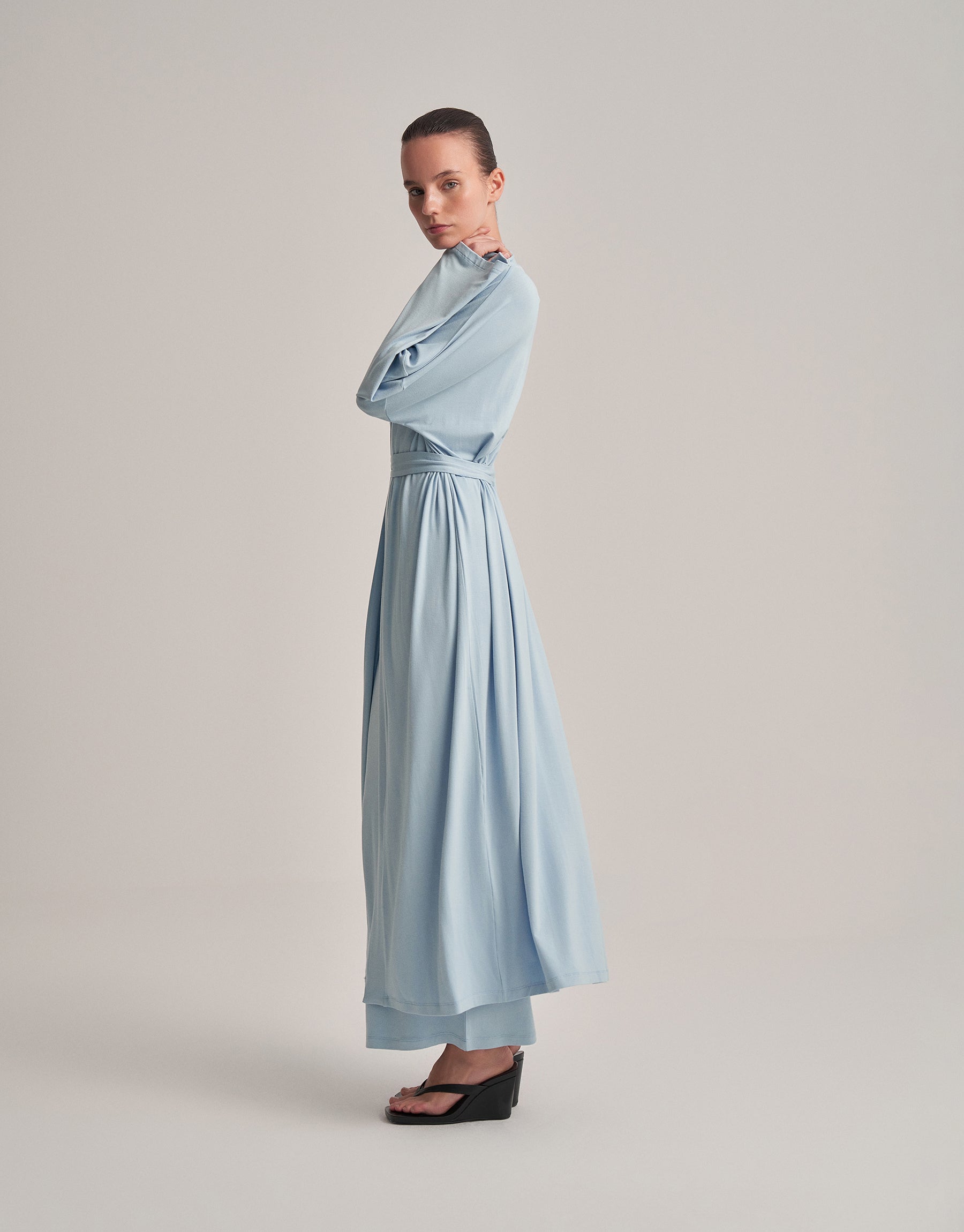 BELT-STYLE COMBINED LONG KIMONO, BABY BLUE