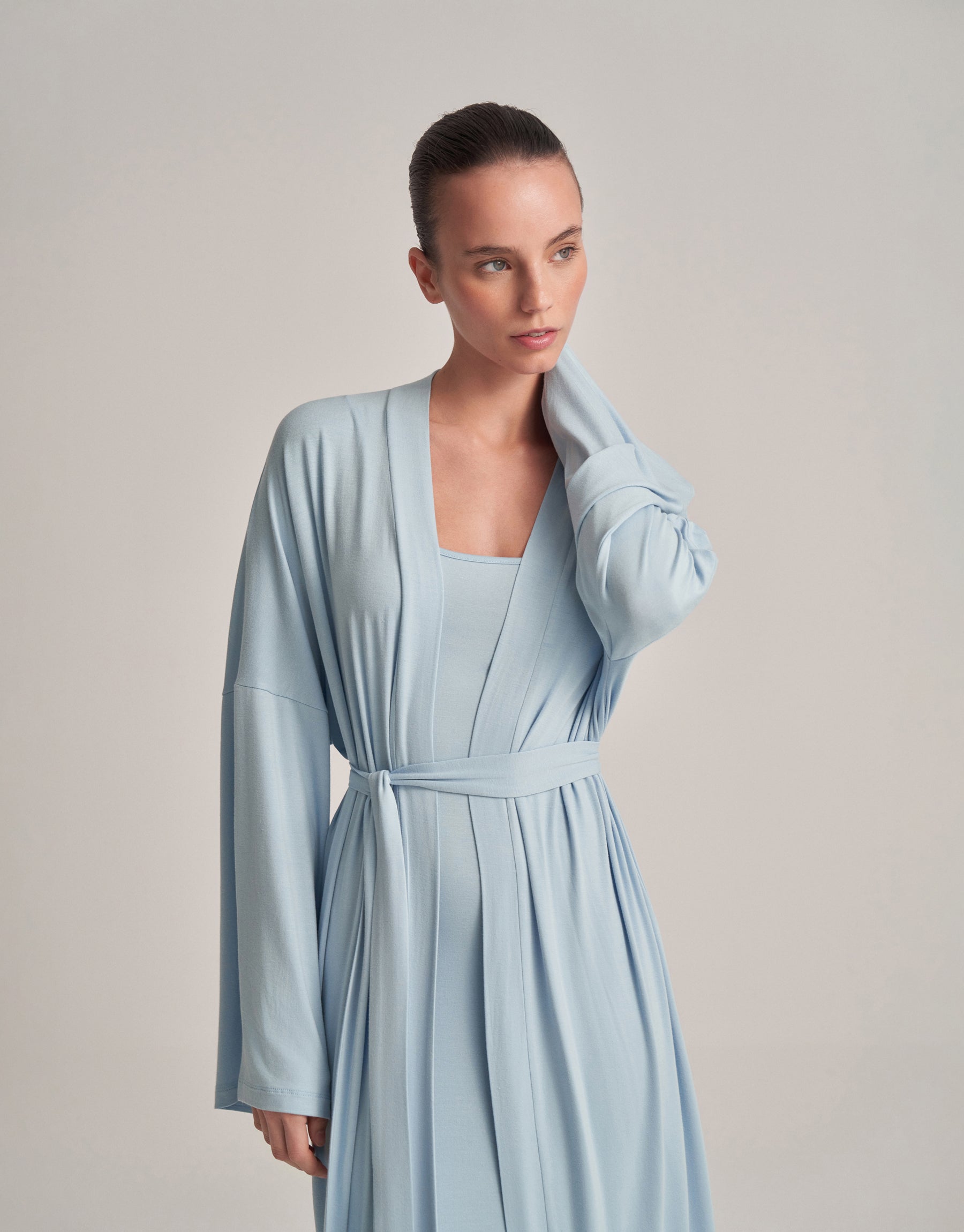 BELT-STYLE COMBINED LONG KIMONO, BABY BLUE