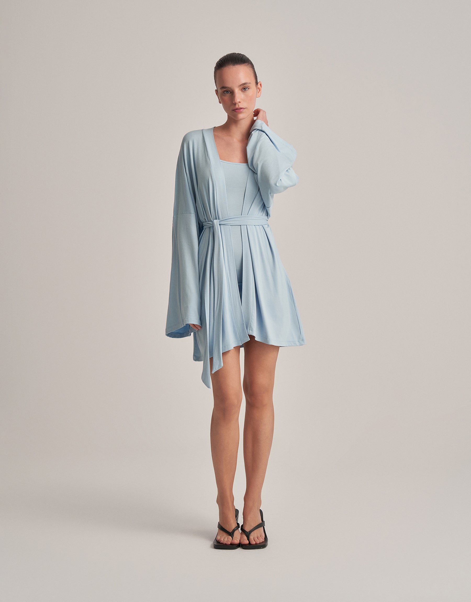 KEMERLİ KOMBİNE KISA KİMONO BEBE MAVİSİ