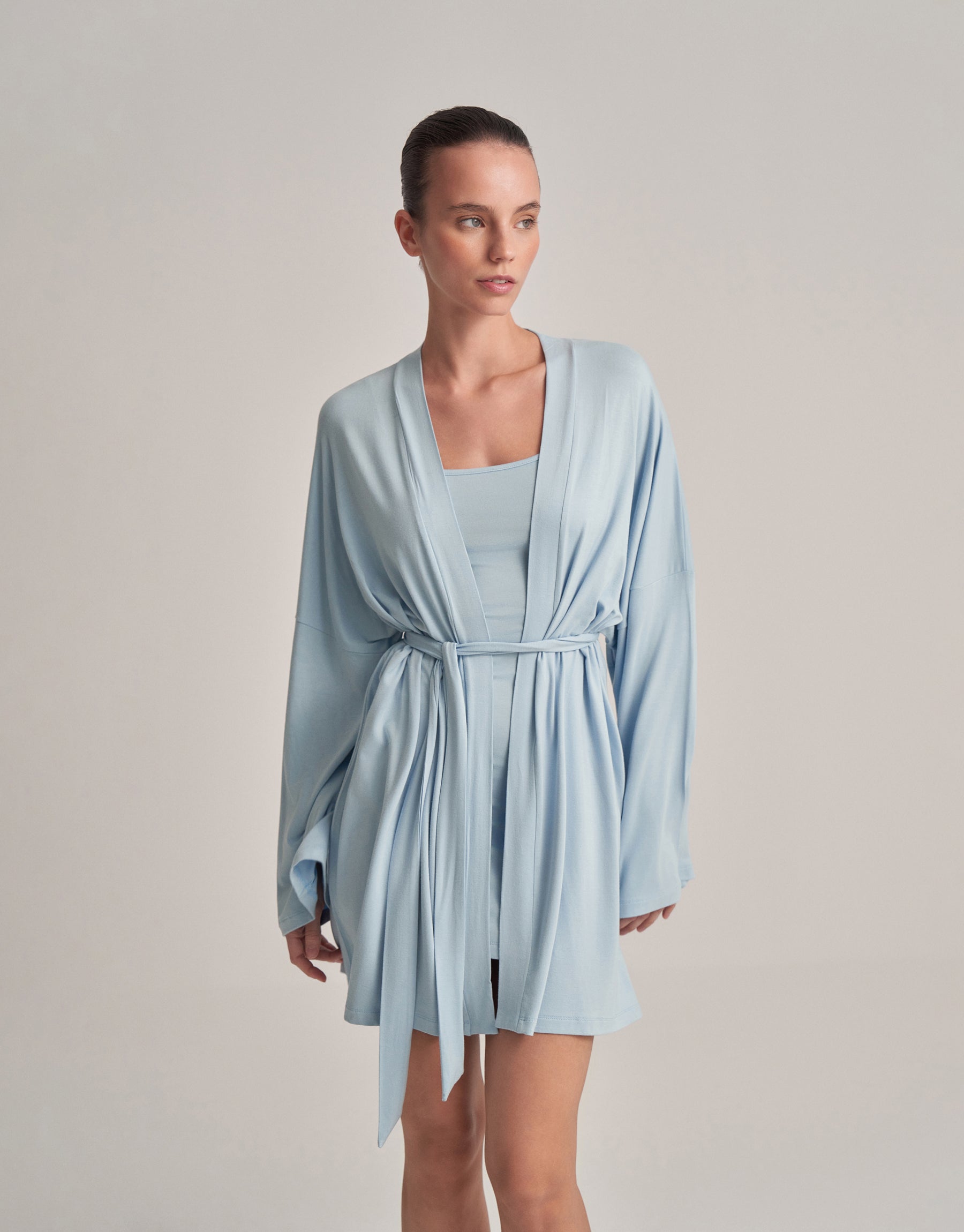 KEMERLİ KOMBİNE KISA KİMONO BEBE MAVİSİ