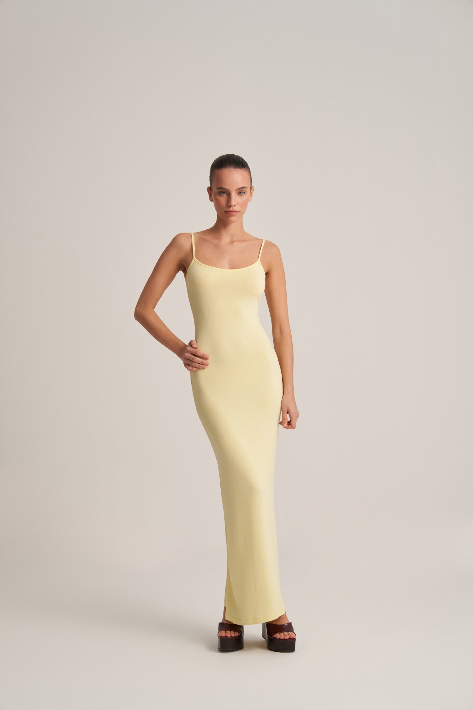 BACKLESS, STRAPLESS LONG DRESS, BUTTER YELLOW